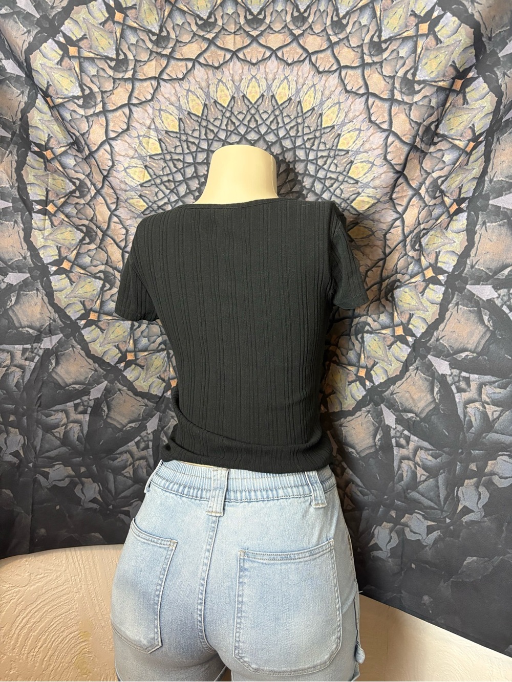 Black Ribbed Button-Down Top - Picture 3 of 10
